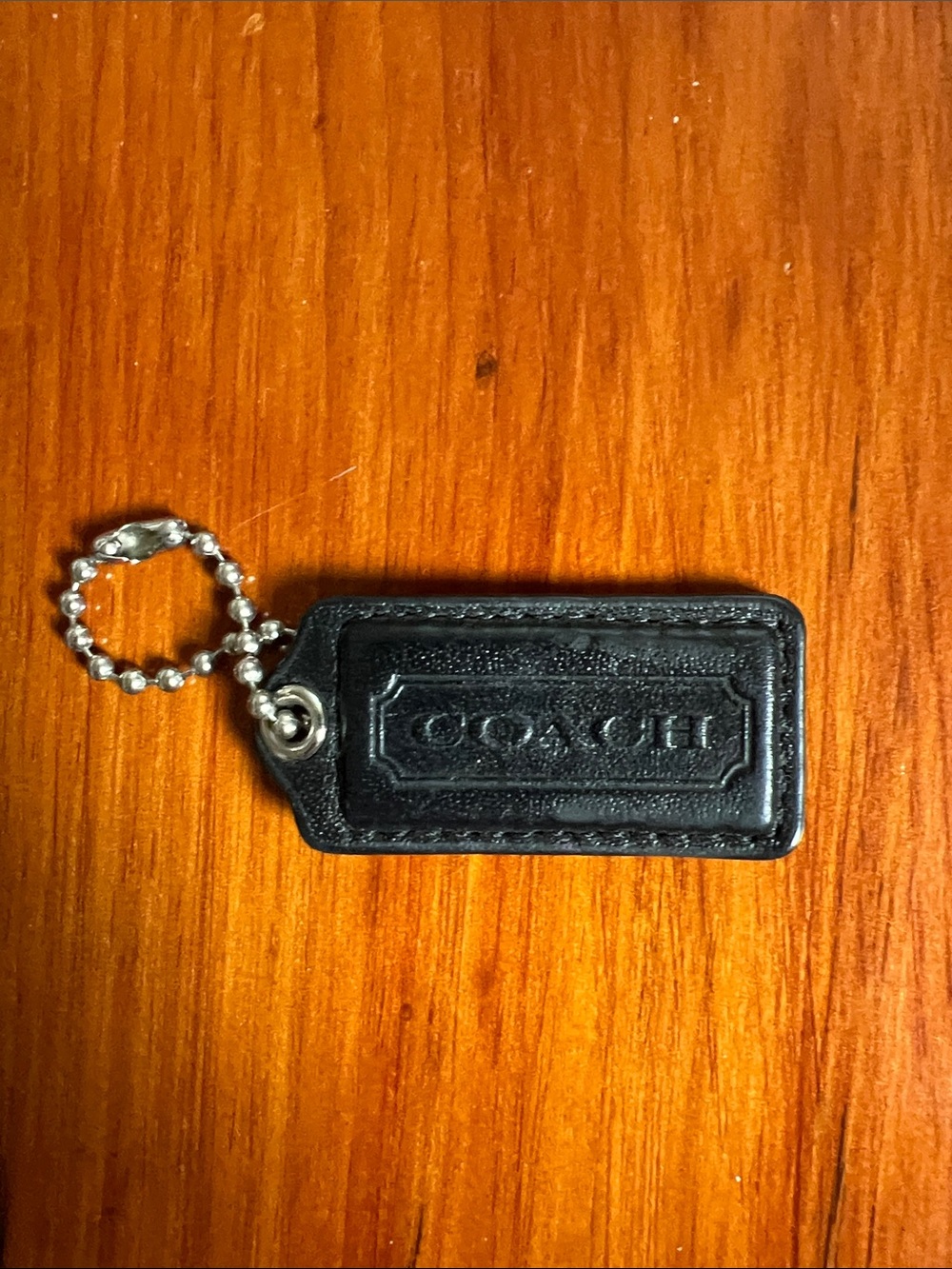 Coach Black Leather Embossed Logo Key Tag with Ball Chain